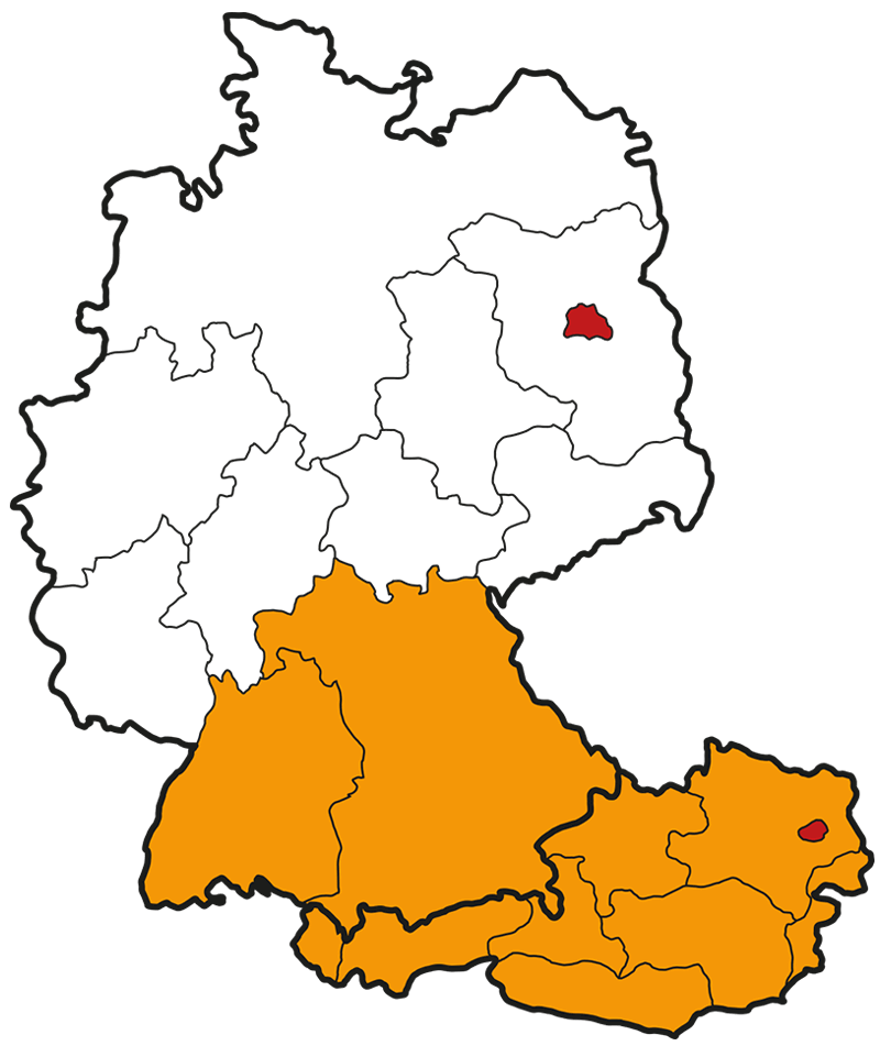 Stilisierte Österreichkarte mit orange hervorgehobene Bereichen. Süd-Deutschland, wie Bayern, Baden-Württemberg und Österreich wie Vorarlberg, Tirol, Salzburg, Kärnten, Steiermark, Oberösterreich, Niederösterreich, Wien und Burgenland sind hervorgehoben.